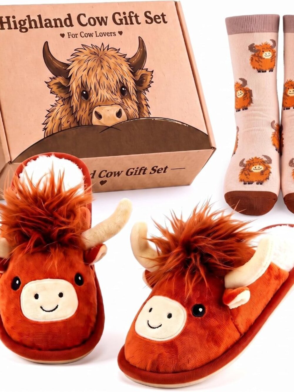Highland Cow Gifts for Women Set - Funny Fuzzy 3D Cotton Slipper and Socks - Non